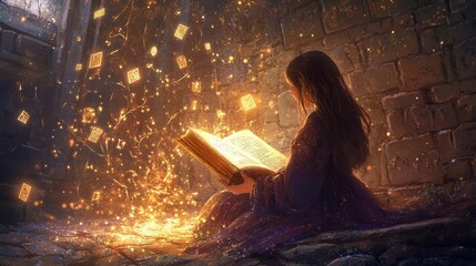 Obraz premium A princess reading magical books under a glowing light, illustrating the charm of fairy tales and magic.