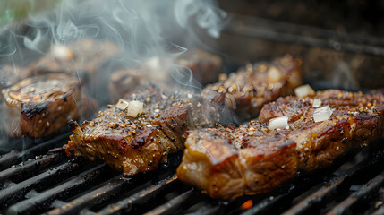 Sizzling Steaks on the Grill: Juicy, seasoned steaks sizzle and smoke on a hot grill, capturing the essence of a perfect summer barbecue.  