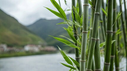 Obraz premium Serene Bamboo Grove Beside Tranquil River and Mountain Village