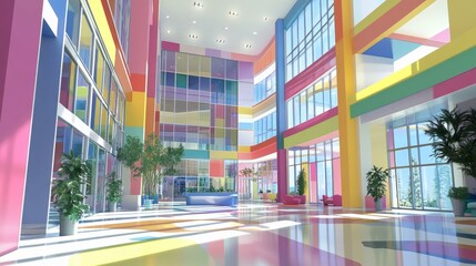 Obraz premium Abstract white and colored gradient glasses interior multilevel public space with window. 3D illustration and rendering.