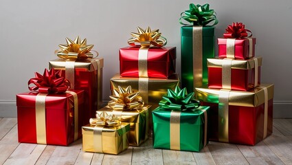 Obraz premium Gift boxes in various sizes wrapped in shiny red, gold, and green paper with matching bows.