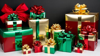 Obraz premium Gift boxes in various sizes wrapped in shiny red, gold, and green paper with matching bows.
