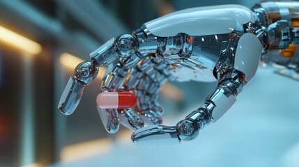 A robotic mechanical arm with pill. Strong stylish futuristic design concept. Cybernetic 
organism with Artificial Intelligence.