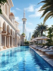 Naklejka premium Swimming pool recreation area of luxury hotel, Dubai, United Arab Emirates