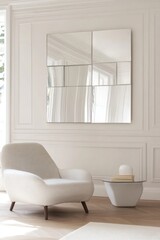 Modern minimalist living room with geometric mirror and elegant armchair design