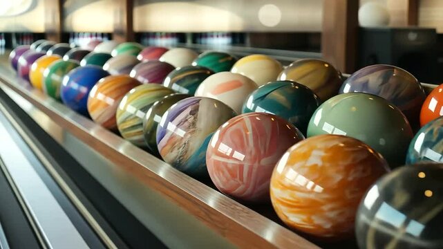 Colorful Bowling Ball Collection on Rack with Blurred Lanes