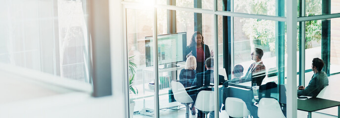 Presentation, above and meeting with business people in office for corporate strategy, planning or workshop. Conference, banner and speaker with employee in agency for training, project or discussion
