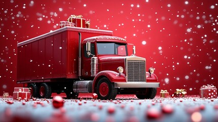 Red truck carrying Christmas gifts in snowy scene.