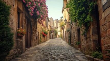 Picturesque European Alleyway with Blossoms