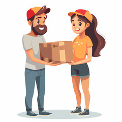 Happy Delivery: A cheerful male and female delivery person, smiling and carefully handing over a package. This cartoon-style illustration captures a moment of friendly and efficient service.