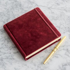 Velvet-bound journal with a gold pen placed on a marble desk, lavish beauty, elegant sophistication