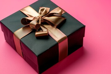 Obraz premium Black gift box with golden ribbon and bow on a pink surface