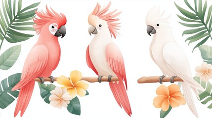 Three Tropical Cockatoos Perched Among Colorful Flowers and Lush Greenery