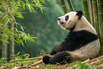 Fototapeta premium Relaxing panda in a bamboo grove during the day in a serene natural environment