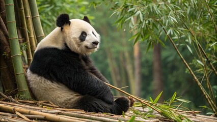 Fototapeta premium Relaxing panda in a bamboo grove during the day in a serene natural environment