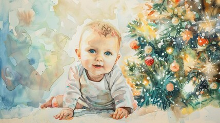 Adorable baby crawling near a beautifully decorated Christmas tree