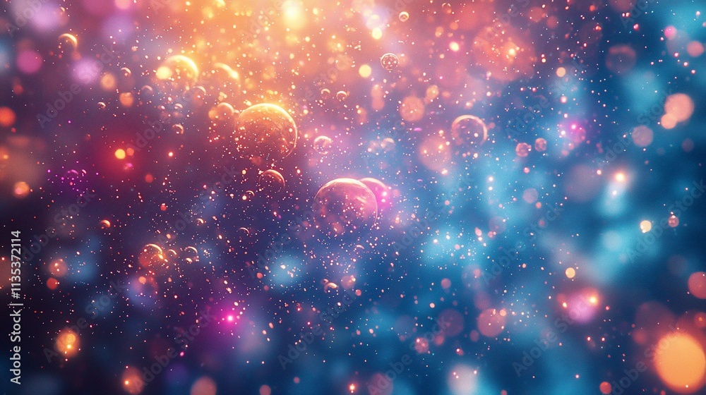 Wall mural Abstract colorful background with glowing bubbles and particles.