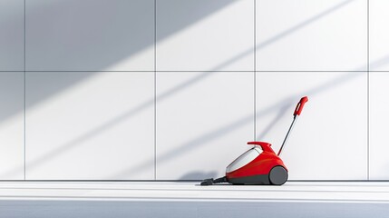 Modern red vacuum cleaner against minimalist white tiled wall with sunlight shadows - house cleaning concept.