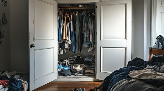 Untidy bedroom closet with overstuffed shelves and open doors depicting messy house cleaning concept.