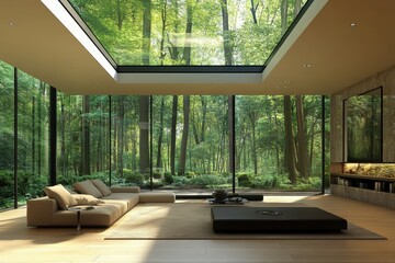 image of interior design of spacious living room with massive skylight from ceiling while decorated with modern furniture and glass walls displaying forest scenes 