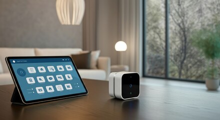Smart home control panel and device on table in modern living room