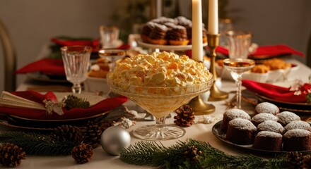 Fototapeta premium Festive table set with various desserts and decorations