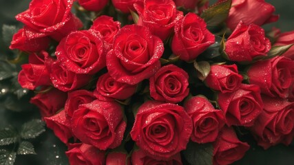 A lush bouquet of red Valentine roses, glistening with morning dew, romantic gift, vibrant