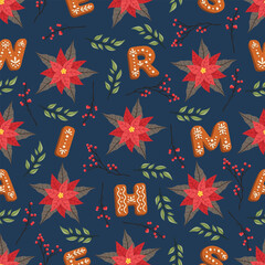 Seamless Christmas pattern. Holiday background with Christmas elements. Cartoon texture for fabric, wallpaper, wrapping paper.