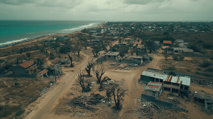 Aerial view of coastal town after hurricane, with uprooted trees, destroyed homes, and debris scattered across the beach, capturing the devastating aftermath of the storm.
