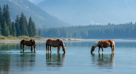 Obraz premium Three horses drinking water in serene mountain lake with forest backdrop