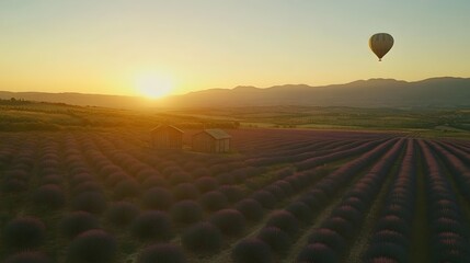 hot air balloon flying over a field o lavender