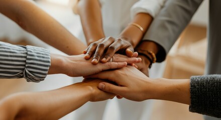 Diverse group of people joining hands in unity
