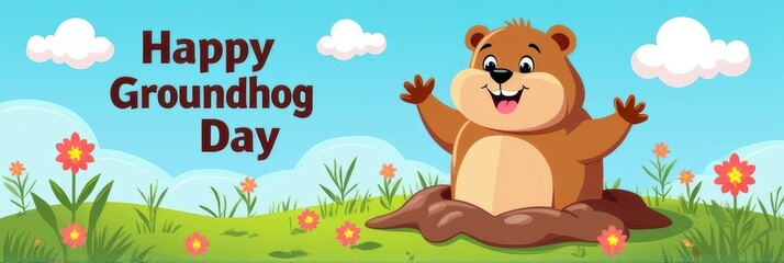 Obraz premium Cheerful groundhog celebrating groundhog day in a colorful spring meadow