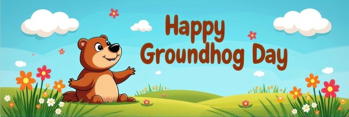 Fototapeta premium Happy groundhog day scene with cartoon groundhog and spring flowers