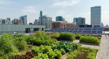 Fototapeta premium Urban rooftop garden with various vegetables and solar panels, modern cityscape in background