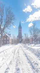 Obraz premium Snow-covered pathway leading to a tall church tower under a blue sky.