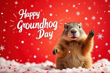 Cute groundhog waving on happy groundhog day celebration banner