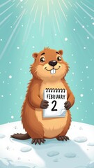 Cheerful groundhog holding february 2 calendar on a snowy day