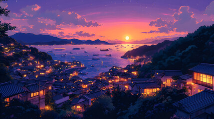 Sunset over Coastal Town with Illuminated Houses and Boats