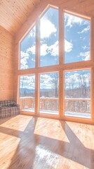 Fototapeta premium Spacious wooden interior with large windows showcasing a scenic view.