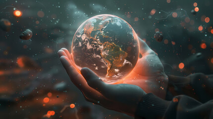 Holding the Earth:  A pair of hands cradles a glowing, ethereal depiction of planet Earth, against a backdrop of shimmering, cosmic dust, symbolizing care for our planet. 