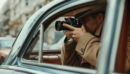 Naklejka premium concept spy or private detective takes photos with a long-focus lens from the car window