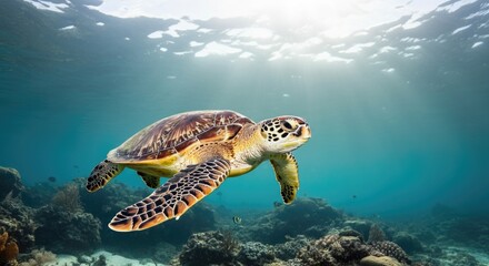 Obraz premium Sea turtle swimming underwater over coral reef with sunlight streaming through water