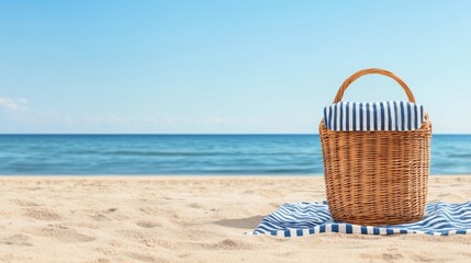 Fototapeta premium Sunny Beach Picnic Basket Awaiting Summer Fun
