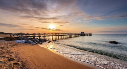 Fototapeta premium Serene beach at sunset with long pier extending into calm sea; peaceful and tranquil atmosphere