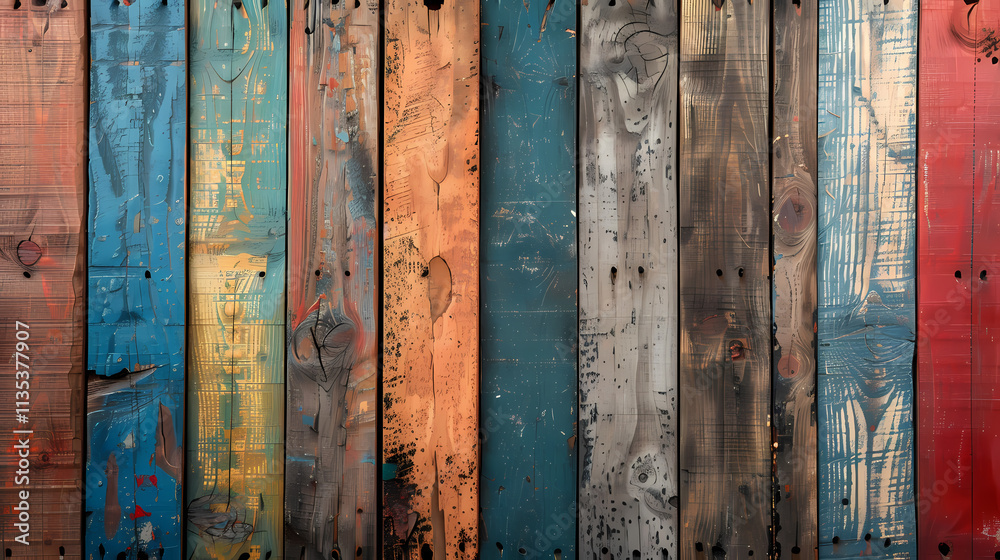 Wall mural Colorful Rustic Wood Planks: A vibrant collection of multicolored, weathered wooden planks arranged side-by-side, showcasing a rustic and textured surface with variations in color and wear.