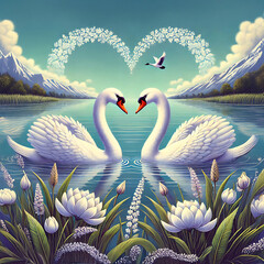 Obraz premium zwei Schwäne schwimmen auf See Wasser gegenüber schauen sich an Hälse in Herzform helles Sonne Licht im Hintergrund warme Farben edle Schönheit Liebe Valentin Vorlage für Karten Gestaltung Herzlich