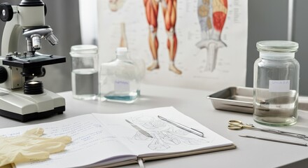 Biology lab table with equipment, muscle anatomy chart, notebook, and tools