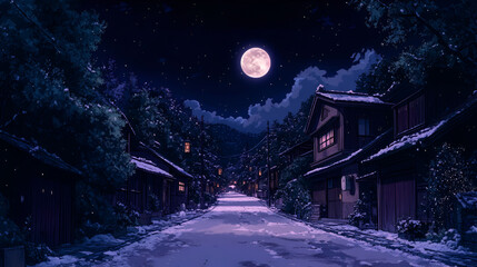 Snow Covered Village Street at Night Under a Full Moon