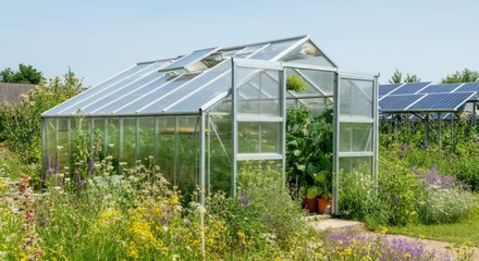Fototapeta premium Glass greenhouse surrounded by lush wildflowers, containing thriving plants